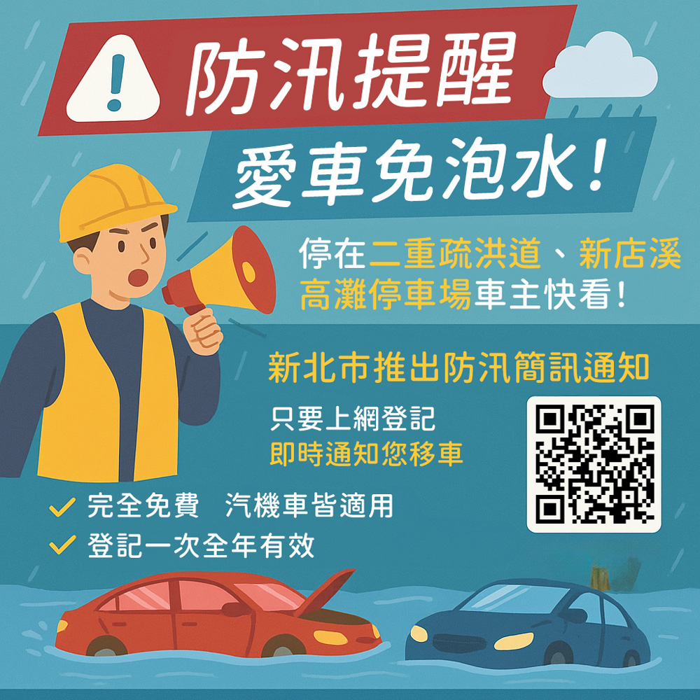 新北市高灘地停車場推出「防汛簡訊通知」服務